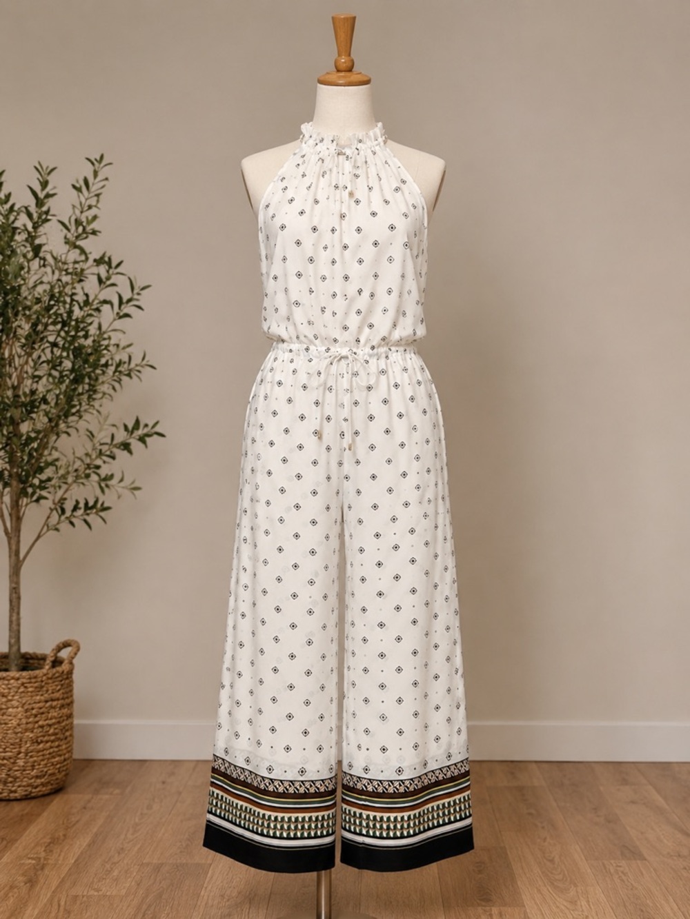 Sleeveless White Printed Halter Jumpsuit Boho Beach Vacation Pockets Size L